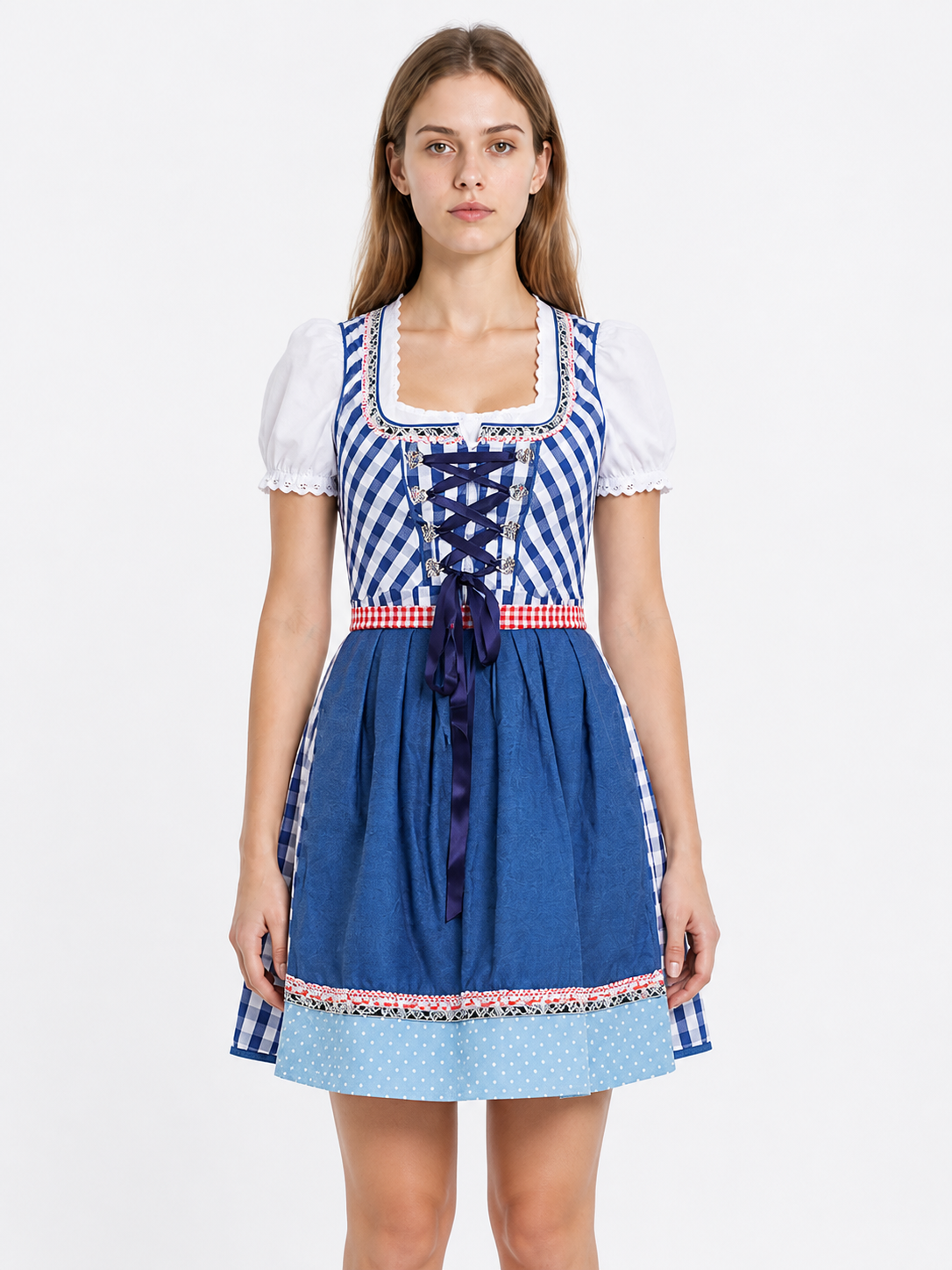 Folk-Style Plaid and Polka Dot Dress with Bow Costume Dresses detail 3
