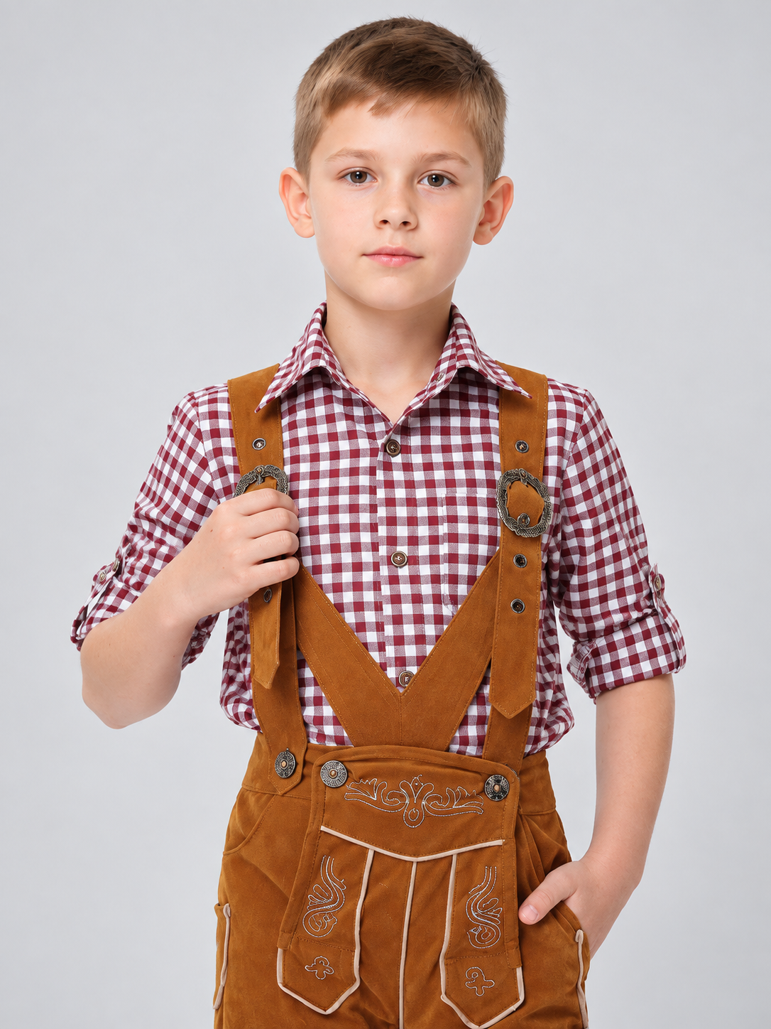 Children's Bavarian-Style Costume, Plaid, Shorts with Suspenders