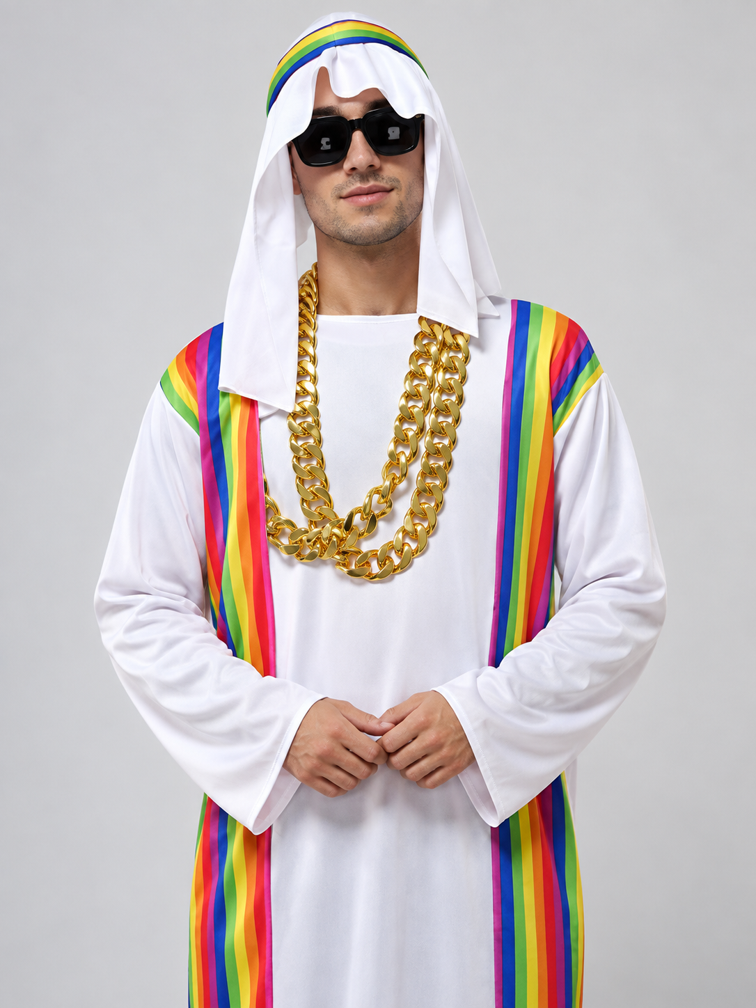 White carnival costume with head covering and chain