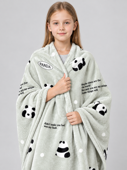 Light Green Milk Velvet Blanket with Panda Print