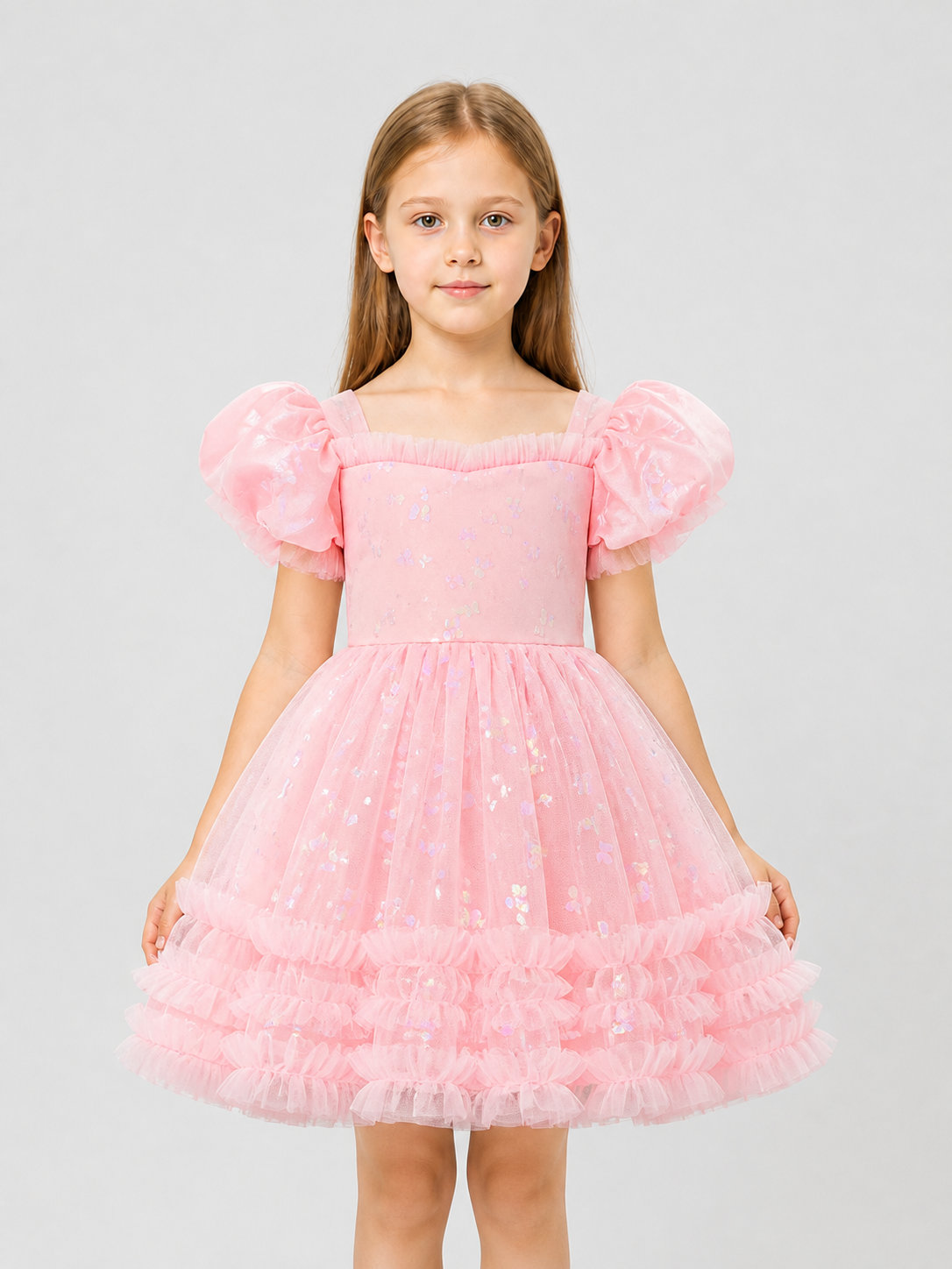 Pink Girls’ Princess Dress with Puff Sleeves