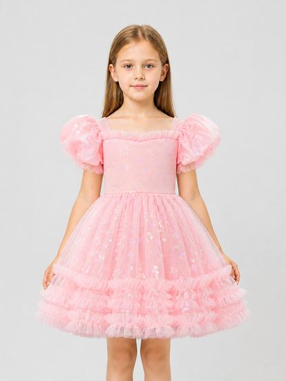 Pink Girls’ Princess Dress with Puff Sleeves