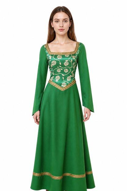 Green Dress with Gold Trim and Floral Pattern Costume Dresses detail 2
