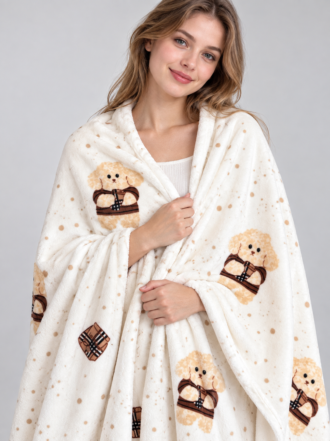 Throw Blanket with Dog and Coffee Cup Pattern