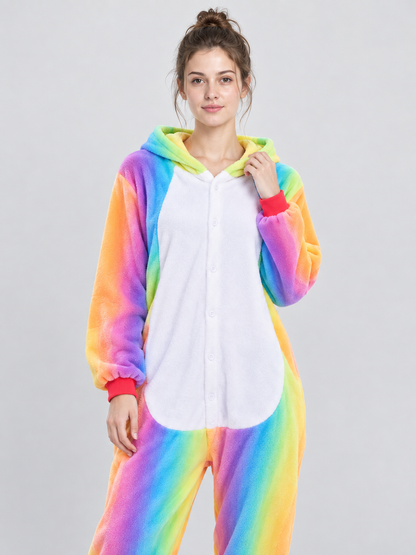 Hooded Pajama Jumpsuit with Rainbow Pattern