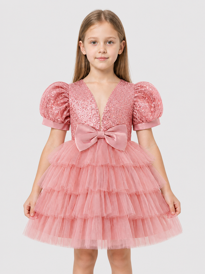 Full Dress with Sequins, Bow, and Mesh Skirt