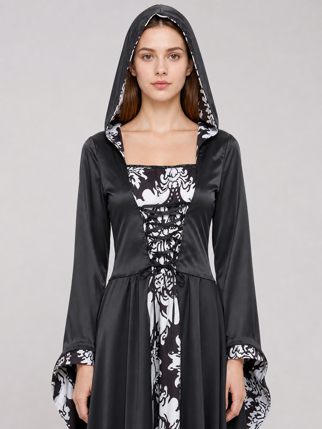 Black-and-White Gothic Hooded Dress Costume Dresses detail 2
