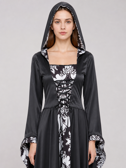 Black-and-White Gothic Hooded Dress Costume Dresses detail 2