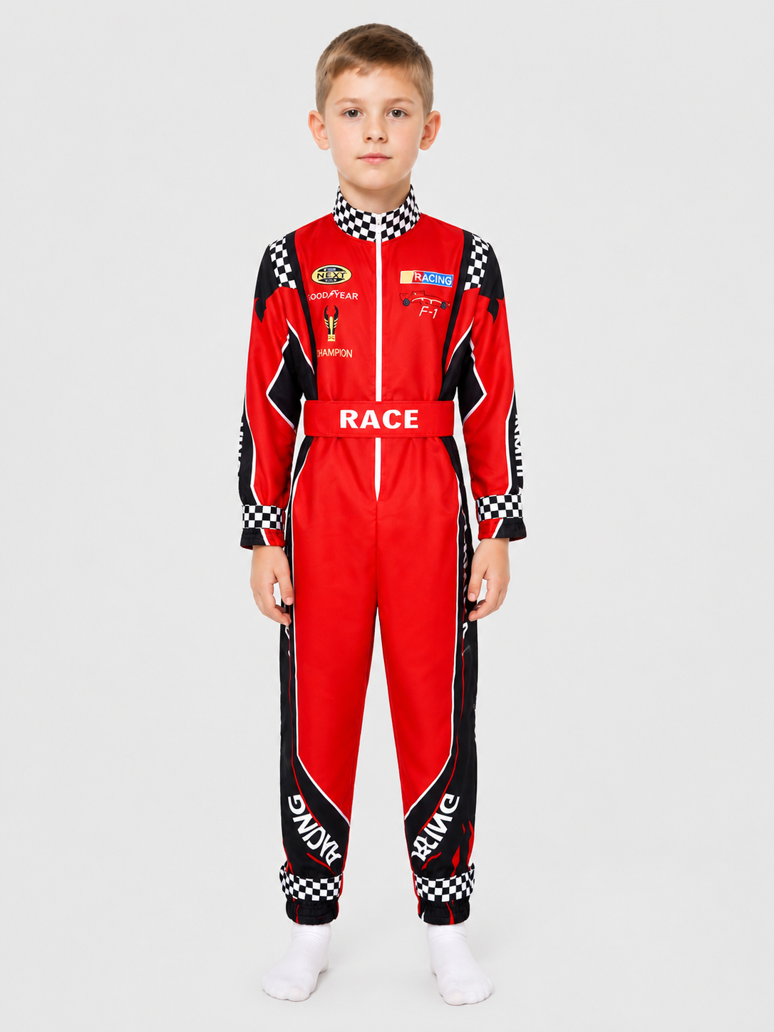 Racing Jumpsuit with Belt, Red, White, and Black product detail 3