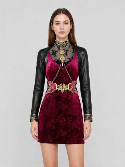 Ada Wong Cosplay Dress, Burgundy with Decorative Details