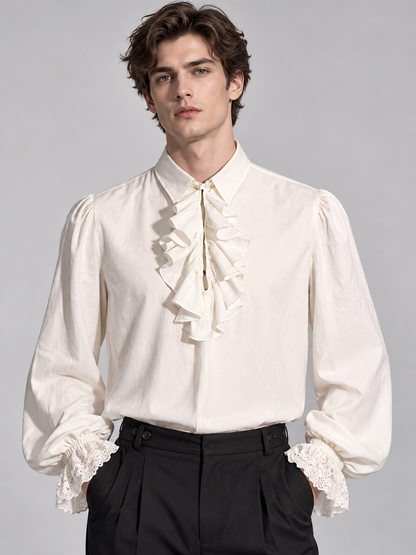 White shirt with a jabot and ruffles on the cuffs
