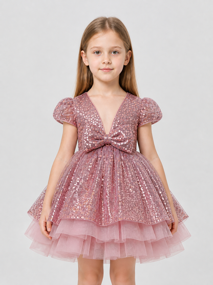 Girls' Sequin Party Dress with Bow for Birthdays Costume Dresses detail 3