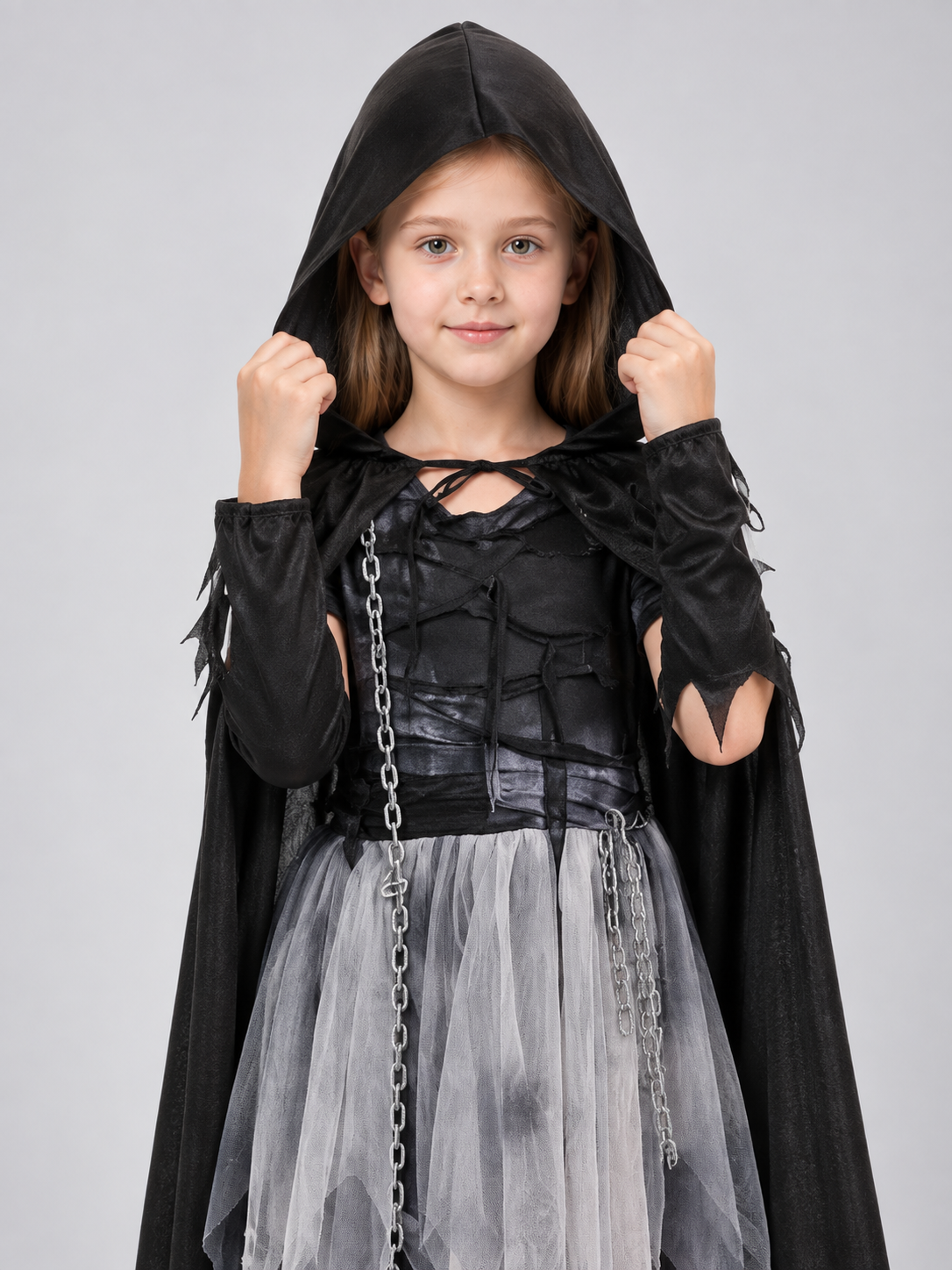Carnival Costume with Black Cape, Dress, and Chain