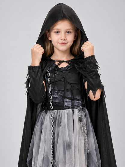 Carnival Costume with Black Cape, Dress, and Chain