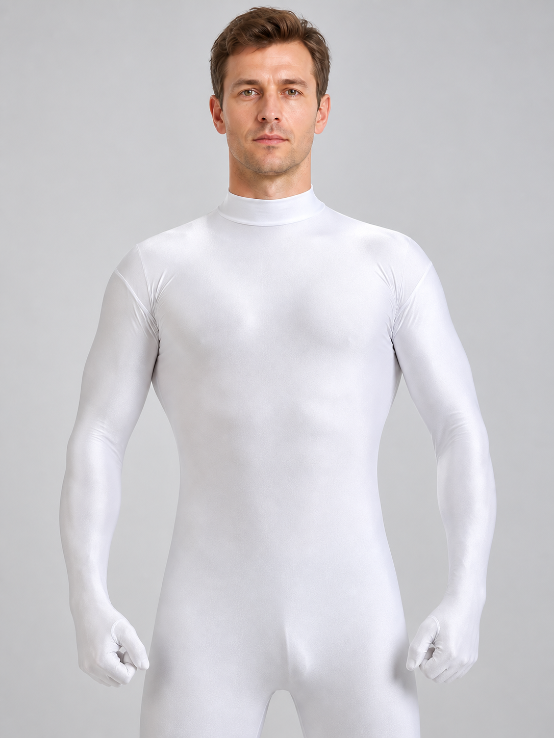 White one-piece form-fitting suit with a stand collar