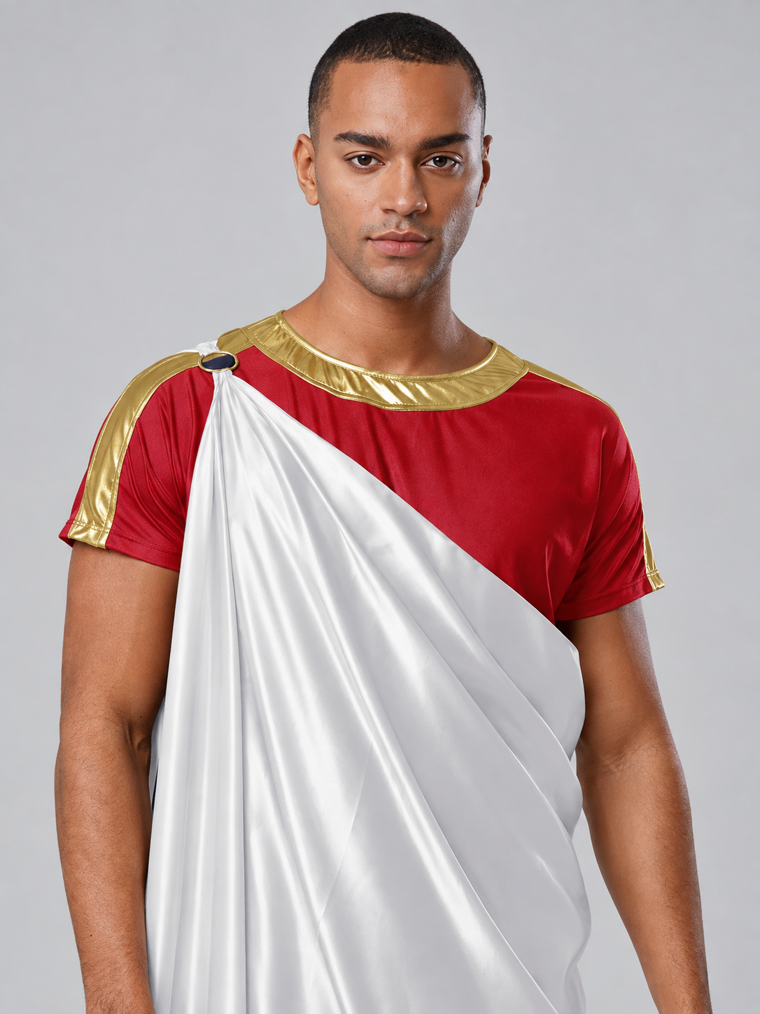 Toga Costume with One-Shoulder Draping and Gold Trim