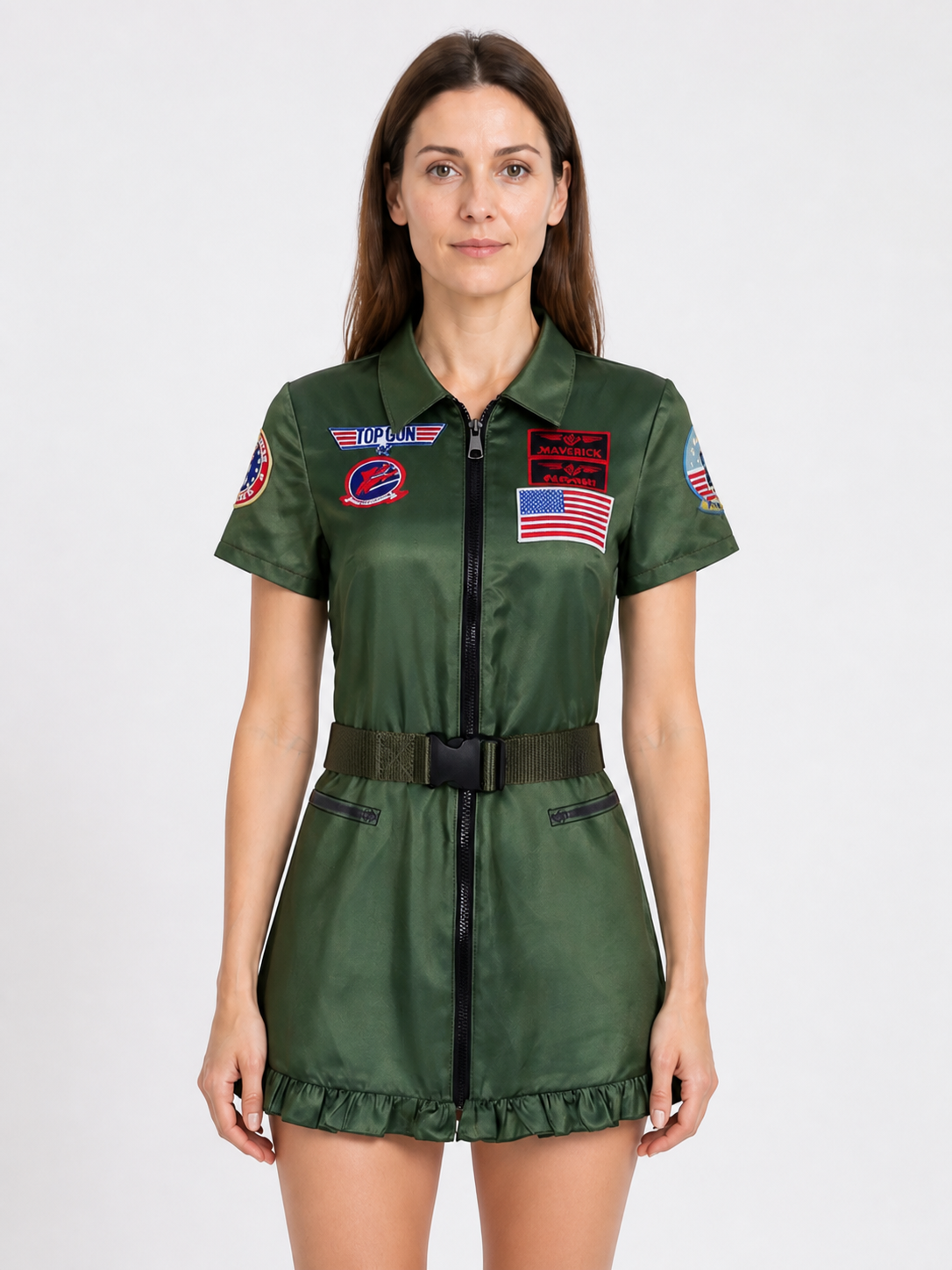 Women's pilot dress with U.S. flag, patches, and zipper, green Costume Dresses detail 3