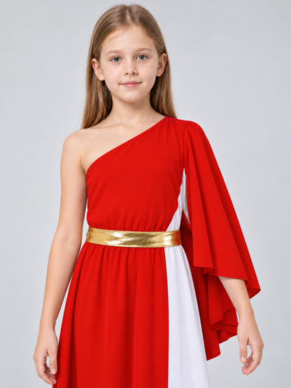 Asymmetrical dress with white inset and gold belt