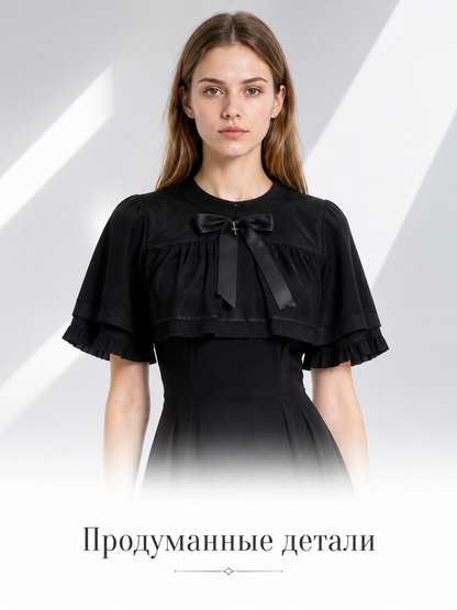 Black Retro-Style Dress with Cape and Bow Costume Dresses detail 2