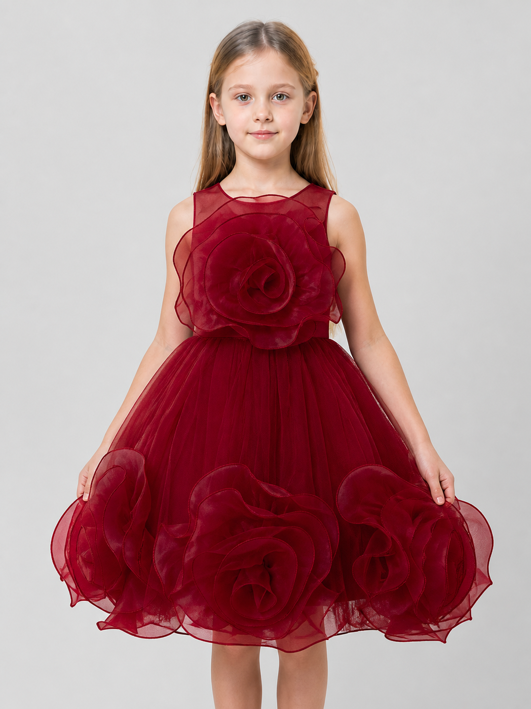 Burgundy Puffed Dress with a Layered Skirt and 3D Flowers Costume Dresses detail 3