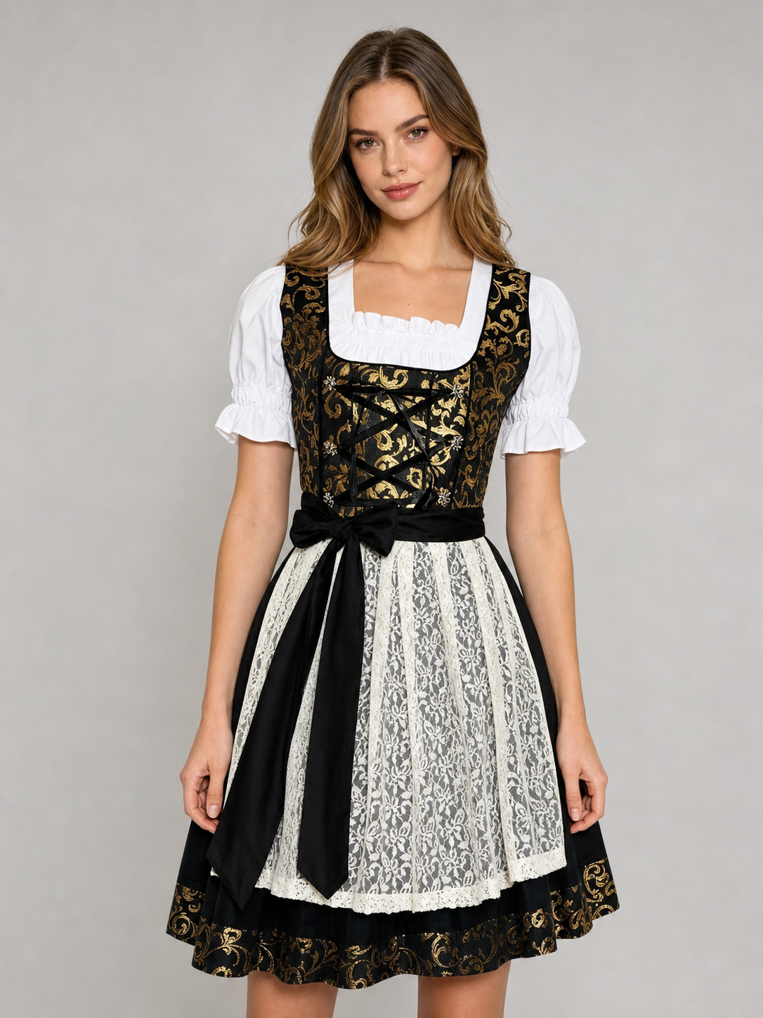 Dirndl Dress with Apron, Black and Gold, S–XXXL