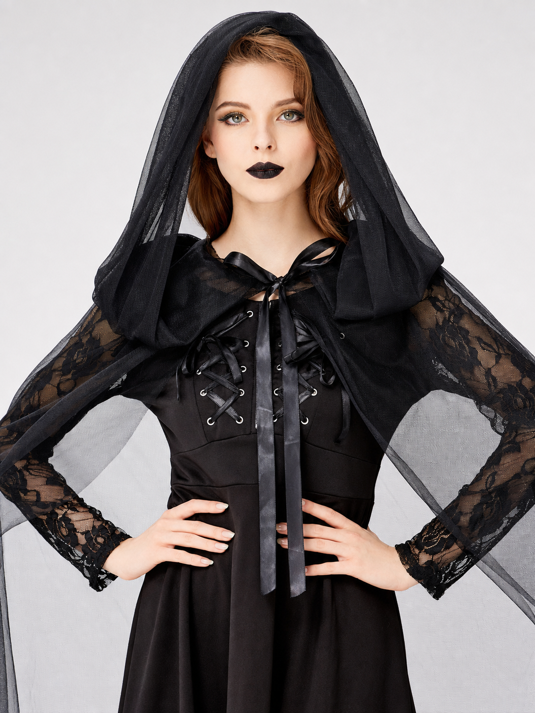 Gothic Costume with Hood and Black Cape