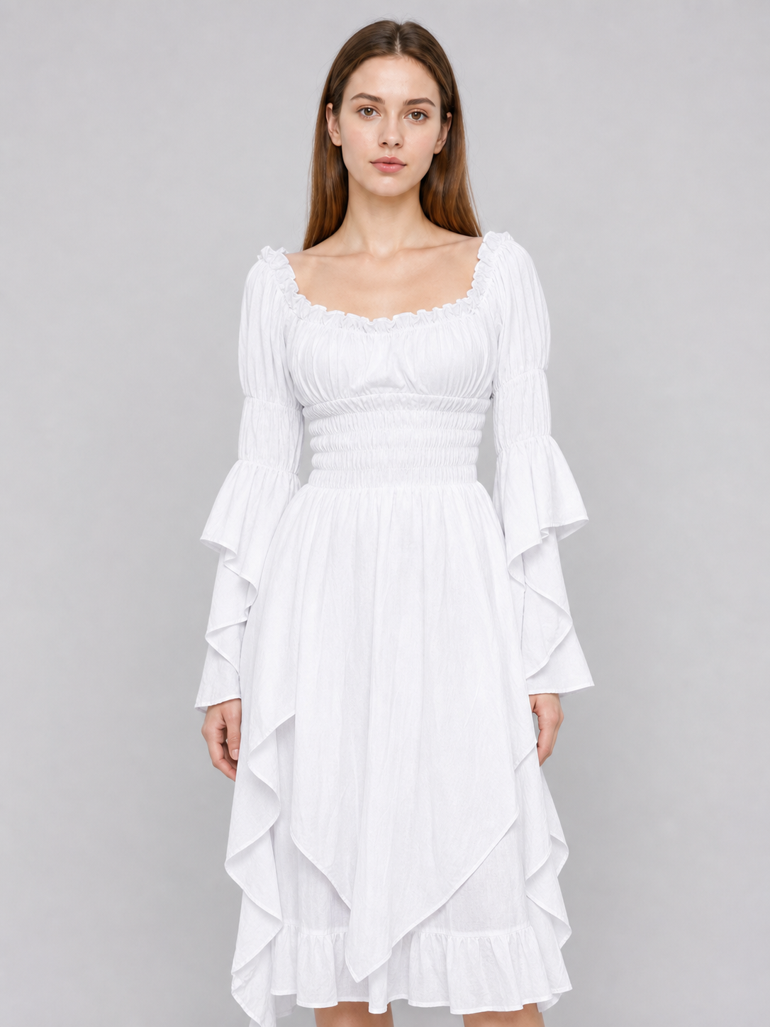 Long Dress with Lace Sleeves and Ruffles