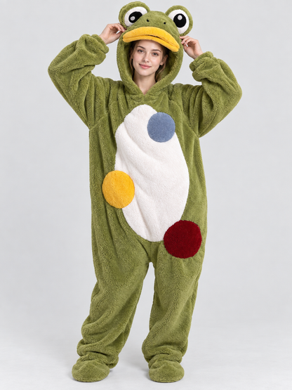 Green frog onesie pajama with oversized frog head