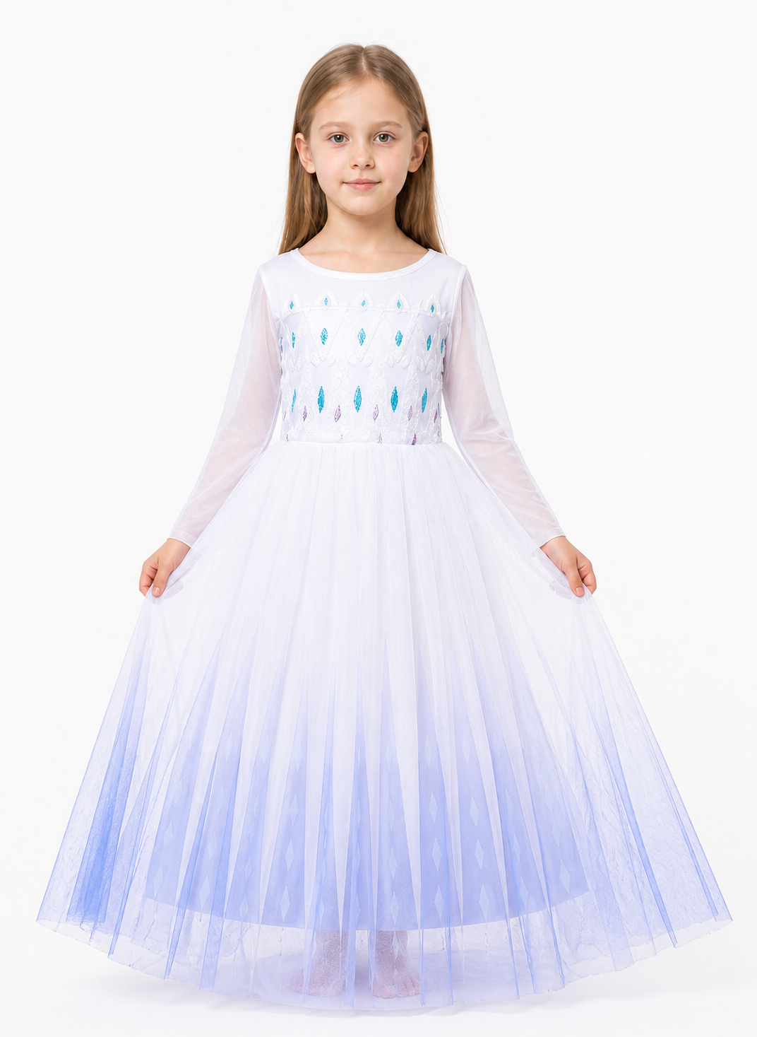 Long Light Blue Carnival Dress with Diamond Patterns Costume Dresses detail 3