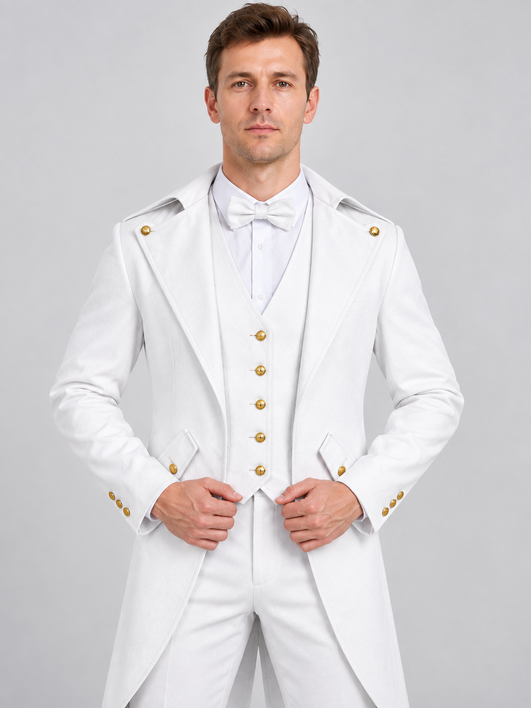 Long white tailcoat with lapels and gold buttons