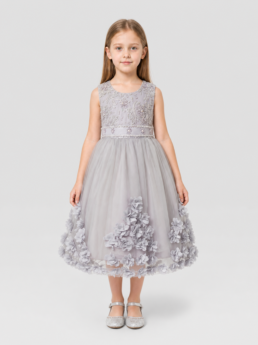 Girls’ Dressy Embroidered Dress with Flowers and Full Skirt product detail 3
