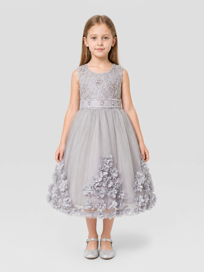 Girls’ Dressy Embroidered Dress with Flowers and Full Skirt product detail 3