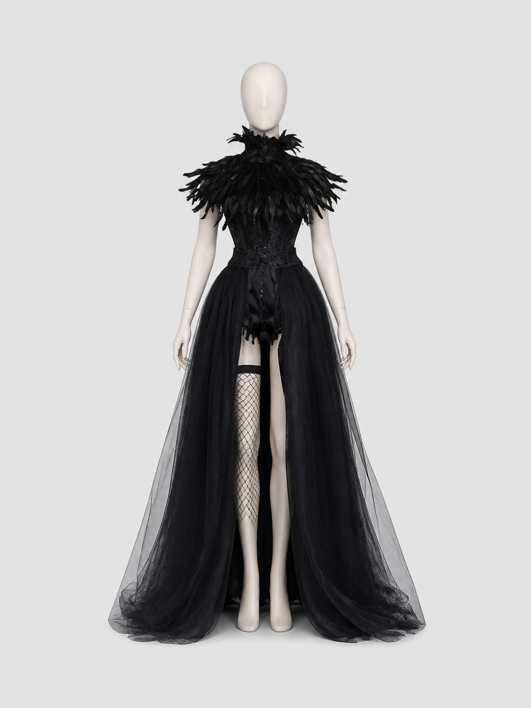Black Fantasy Character Costume with Horned Headpiece