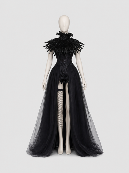 Black Fantasy Character Costume with Horned Headpiece