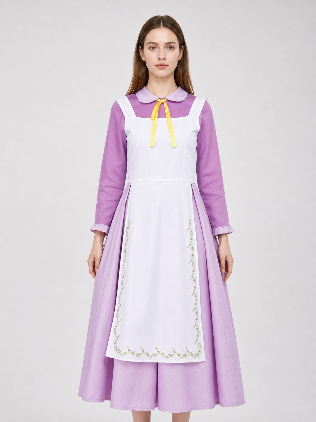 Purple dress costume with apron and bonnet
