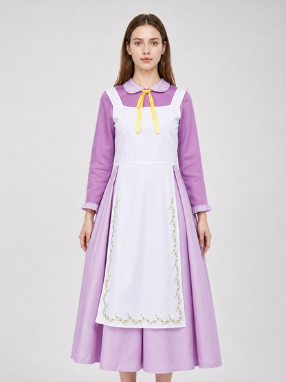 Purple dress costume with apron and bonnet