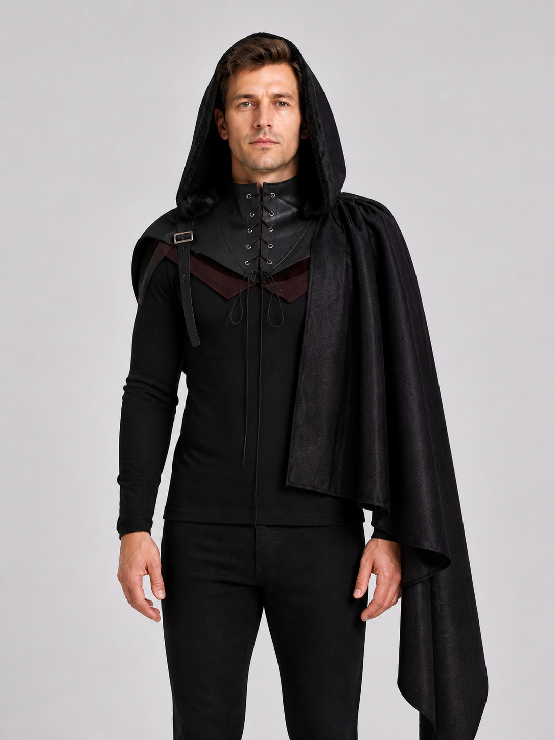 Medieval Hooded Cape, Black, Gothic Costume Capes detail 3