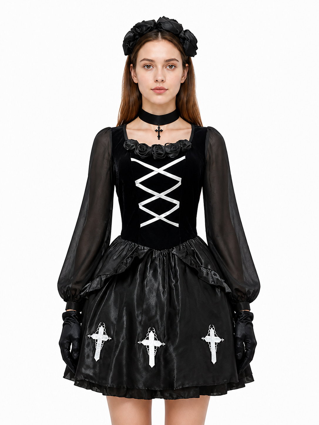Gothic Halloween Dress with White Crosses and Gloves Costume Dresses detail 3