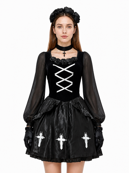 Gothic Halloween Dress with White Crosses and Gloves Costume Dresses detail 3