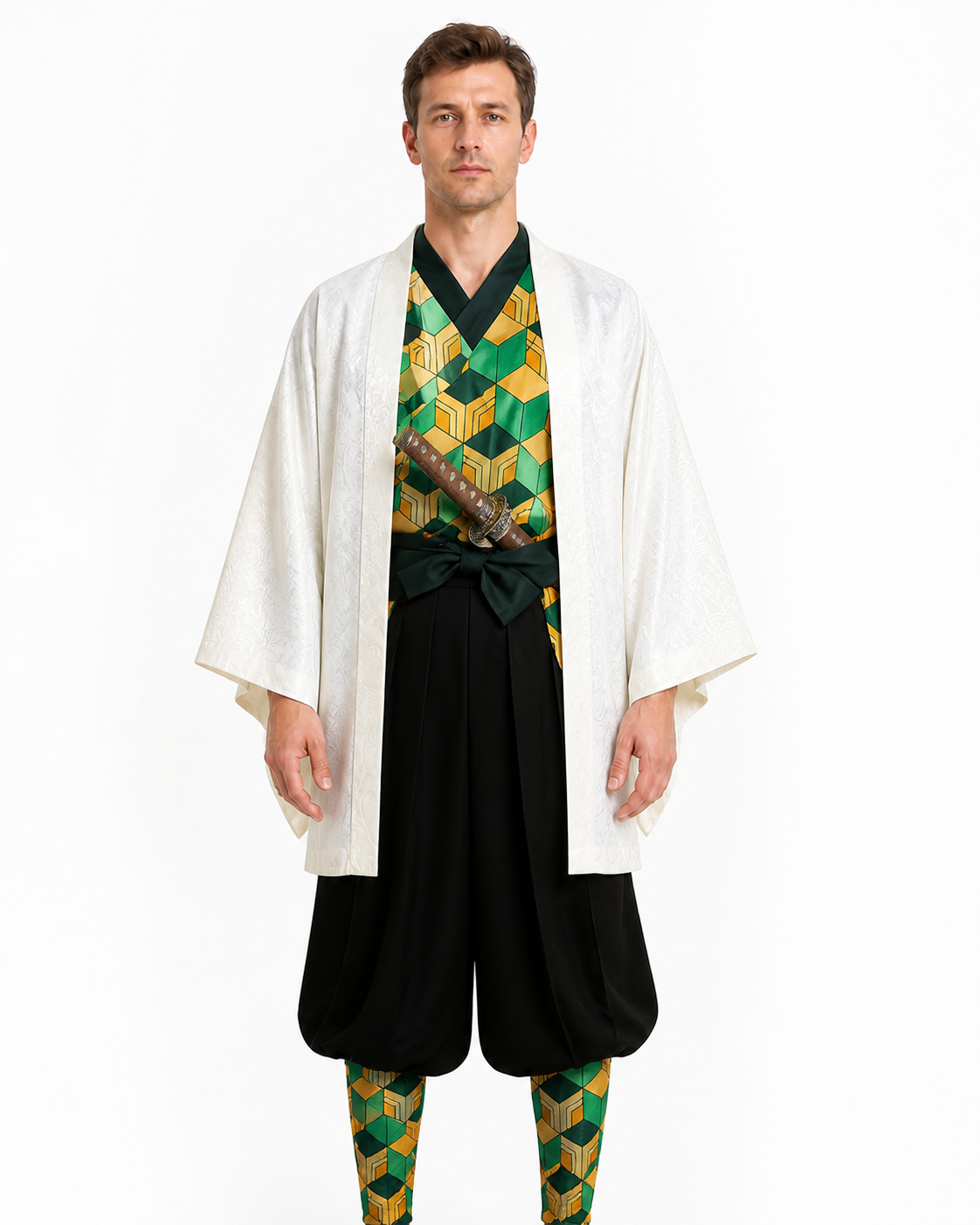 Sabito Cosplay Costume with White Haori and Geometric Pattern Costumes detail 3