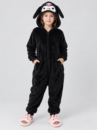 Flannel Hooded Pajama Jumpsuit with Appliqué