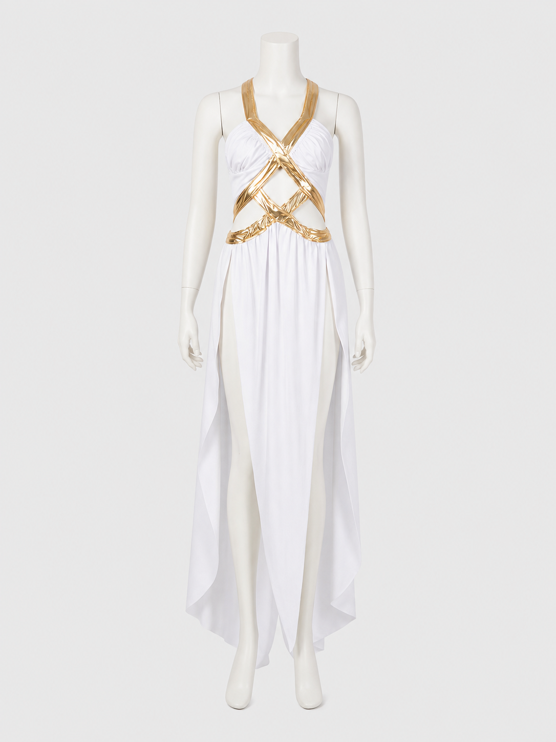 Long White-and-Gold Cosplay Dress with a High Slit
