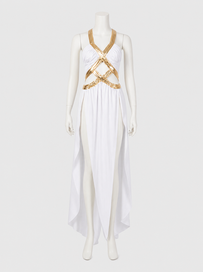 Long White-and-Gold Cosplay Dress with a High Slit