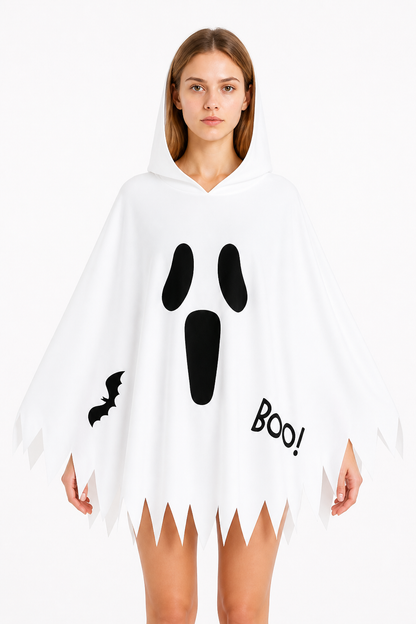 White Hooded Cape with Ghost Print for Halloween Costume Capes detail 3