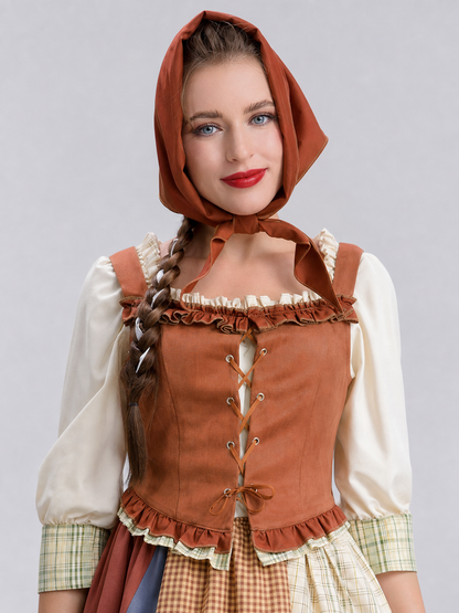Historical character costume with a corset-style bodice and ruffles