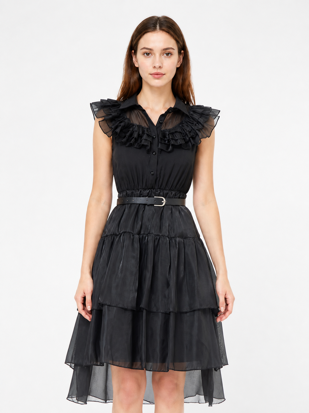 Black Dress with Tiered Skirt and Ruffles Costume Dresses detail 2