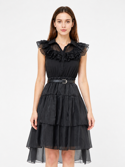 Black Dress with Tiered Skirt and Ruffles Costume Dresses detail 2