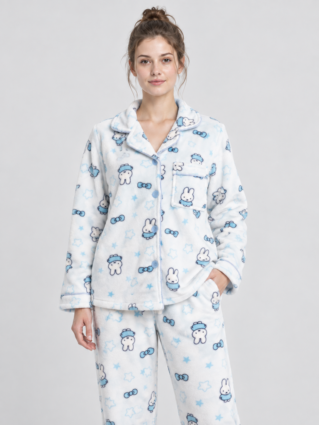 Flannel Pajama Set with Bunny and Bow Print