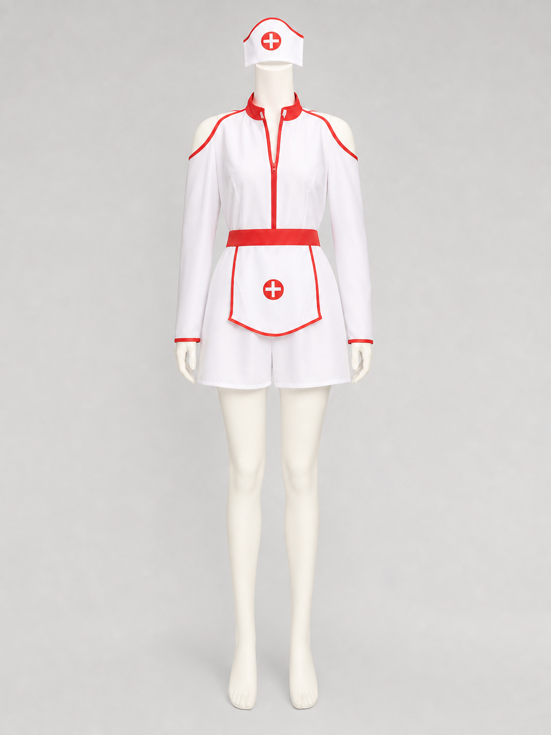 Nurse costume presented in a white-and-red color scheme and designed as a one-piece outfit with long sleeves and shorts. The front features a red zipper, complemented by a red belt that accentuates the garment’s design. The white base is de