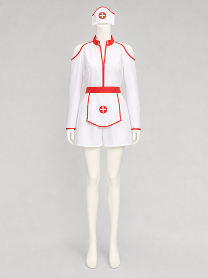 Nurse costume presented in a white-and-red color scheme and designed as a one-piece outfit with long sleeves and shorts. The front features a red zipper, complemented by a red belt that accentuates the garment’s design. The white base is de